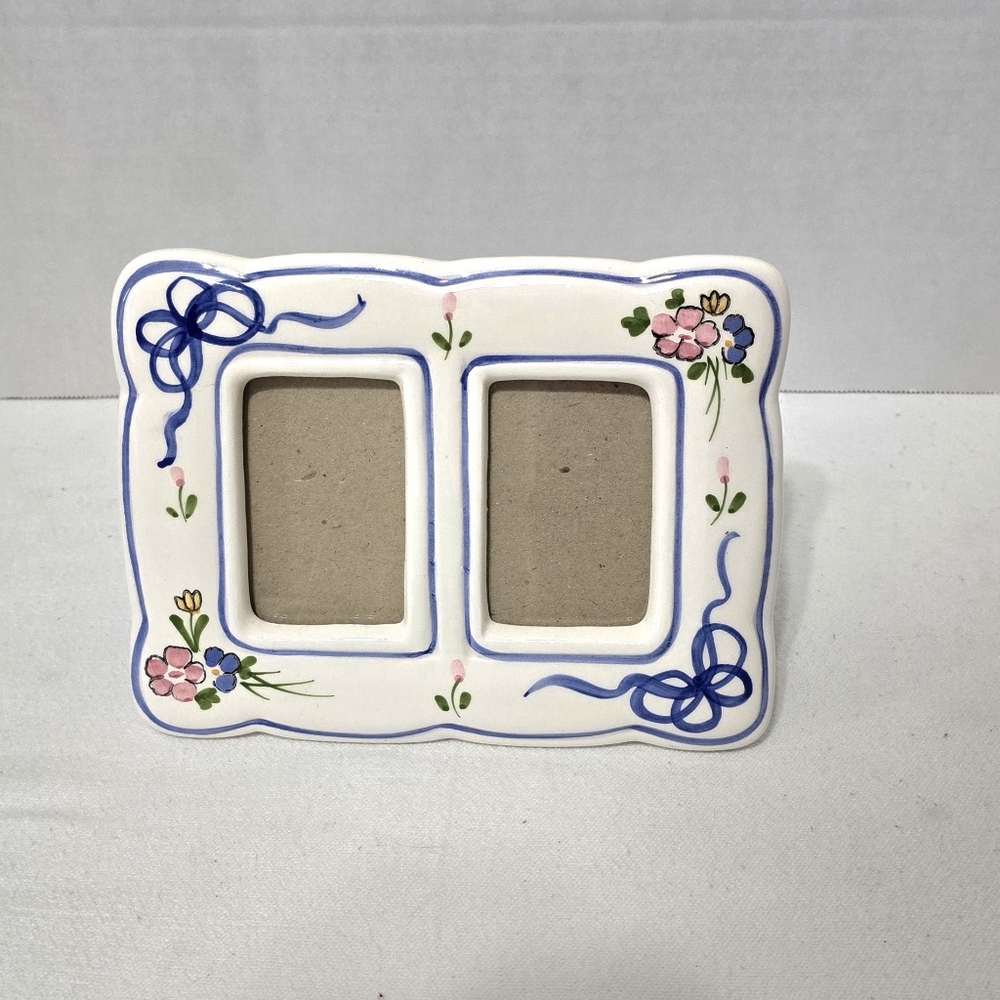 Vtg Imperial Collection Porcelain Floral Ribbon Picture Frame Holds 2 (2" X 3")